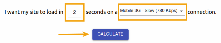 مثال اختبار سرعة موقع الويب على أداة Performance Budget Calculator