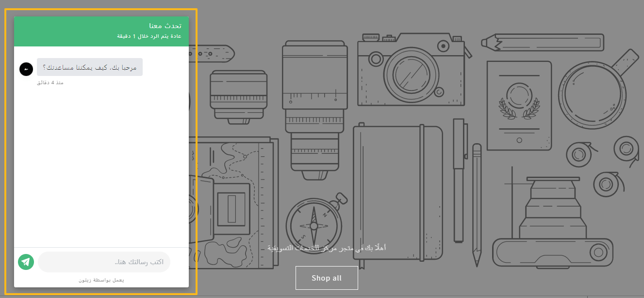 نافذة الدردشة الحية في متجر شوبيفاي الذي أضفنا إليه الكود